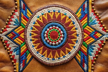 Wide-angle shot of Native American beadwork art on leather fabric