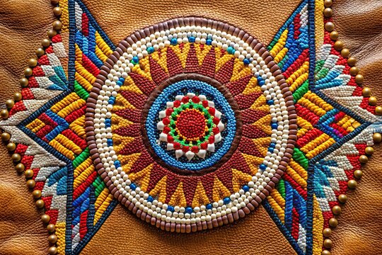 Wide-angle shot of Native American beadwork art on leather fabric