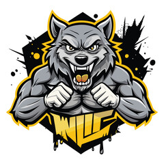 aggressive grey wolf head mascot logo