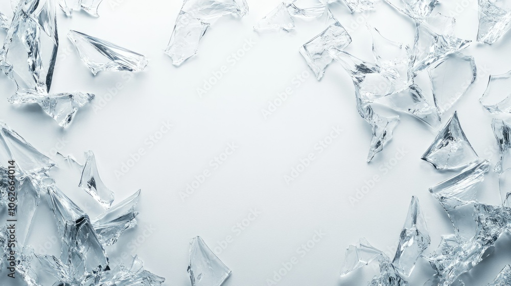 Poster ice shards and frost patterns, top view on white surface, ample copy area