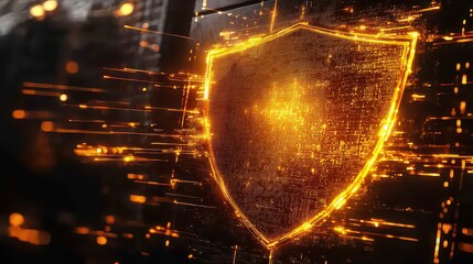 Digital Protection. Firewall. Computer Security. Digital Shield. Firewall in the form of a glowing shield with sparks. Cybersecurity. Network security. Internet security.