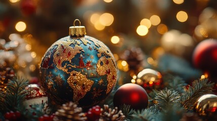 Fototapeta premium A Mesmerizing Close-Up View of a Christmas Bauble Shaped Like a Globe, Radiating Festive Charm and Global Celebration