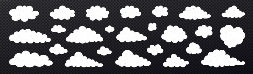 White clouds with textured set isolated on transparent background. Cloudy with grunge texture. Set of fluffy white clouds different forms and sizes.