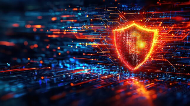 Digital Protection. Firewall. Computer Security. Digital Shield. Firewall in the form of a glowing shield with sparks. Cybersecurity. Network security. Internet security.