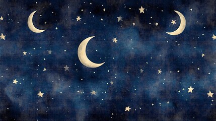 Naklejka premium A seamless celestial carpet pattern featuring soft stars and crescent moon motifs in dark navy and midnight blue, with subtle gradients and gentle glow, capturing a peaceful night sky feel,