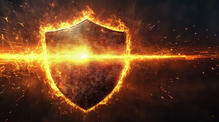Digital Protection. Firewall. Computer Security. Digital Shield. Firewall in the form of a glowing shield with sparks. Cybersecurity. Network security. Internet security.