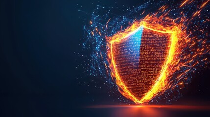 Digital Protection. Firewall. Computer Security. Digital Shield. Firewall in the form of a glowing shield with sparks. Cybersecurity. Network security. Internet security.