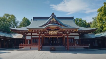 Obraz premium Japanese temple roof with delicate tile patterns, ample sky area