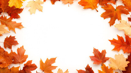 A vibrant arrangement of autumn leaves frames a clean white background, featuring rich hues of orange, red, and yellow. Maple leaves of various sizes encircle the empty center, creating a warm,