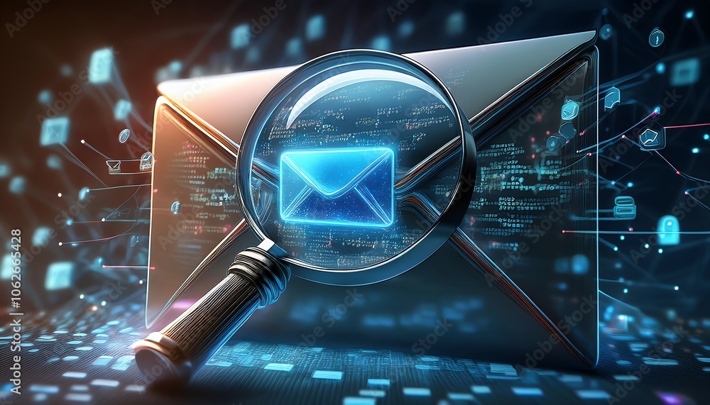 Aufkleber a futuristic email concept featuring an envelope and magnifying glass, emphasizing digital communica