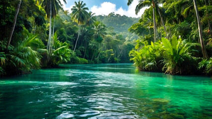 A serene river flowing through a tropical rainforest.