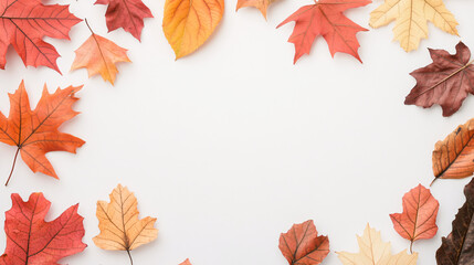 A beautiful display of autumn leaves forms a border around a blank white background, highlighting fiery reds, warm oranges, and glowing yellows. Each maple leaf is detailed with veins and textures,