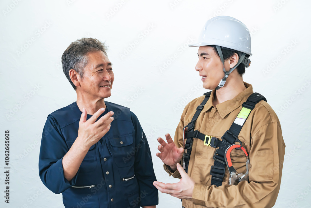 Aufkleber 職人、大工、作業員、相談、会話、笑顔、チームワーク、協力、下請け、請負、工事、建築、建設、チーム、業者、工務店、リフォーム、解体、男性、日本人、コンビ、交渉、外注、ベテラン、シニア、注文、住宅、鳶職、佐官、親方、棟梁、世代交代、事業承継、内装、点検、メンテナンス、新築、現場、監督、打ち合わせ、会議、役割分担、仕事、転職、取引、作業服、安全、確認、発注、人物