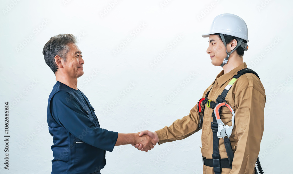 Aufkleber 作業員、職人、大工、握手、チームワーク、外注、請負、下請け、笑顔、工事、建設、建築、業者、工務店、仕事、発注、安全、協力、サポート、フルハーネス、ヘルメット、エンジニア、佐官、鳶職、内装、リフォーム、メンテナンス、管理、チーム、点検、検査、保険、保証、人材、棟梁、親方、現場、住宅、ビル、日本人、男性、コンビ、パートナー、技術者、防災、労働者、団結、世代交代、事業承継、人物
