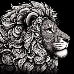 A side profile of a lion adorned with an elaborate mandala pattern covering its entire face and mane