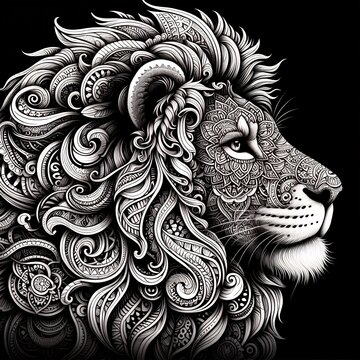 A side profile of a lion adorned with an elaborate mandala pattern covering its entire face and mane