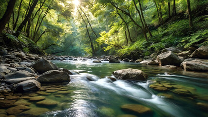 A serene river trekking path winding through a dense forest.