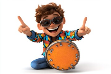 a 2D cartoon illustration of a cheerful tambourine player adding rhythm to the music fun and lively white background