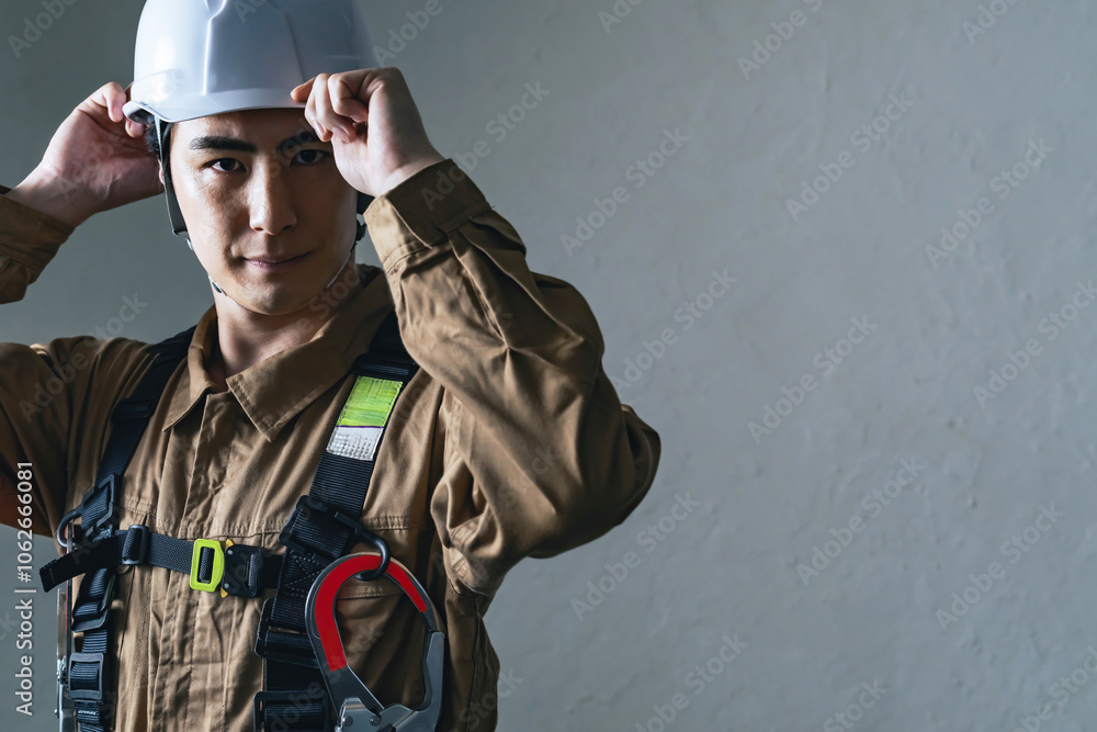 Fototapete 作業員、ヘルメット、安全、レスキュー隊、消防、救急、フルハーネス、男性、日本人、防災、災害、救助、建設、工事、現場、職人、装備、装着、かぶる、転職、仕事、職業、プロ、業者、コピースペース、人材、かっこいい、クール、ポートレート、ハイパーレスキュー、消防士、遭難、山岳、救助隊、笑顔、出動、大工、佐官、鳶、高所作業、危険、サポート、点検、メンテナンス、ビルメン、検査、修理、修繕、設備、人物