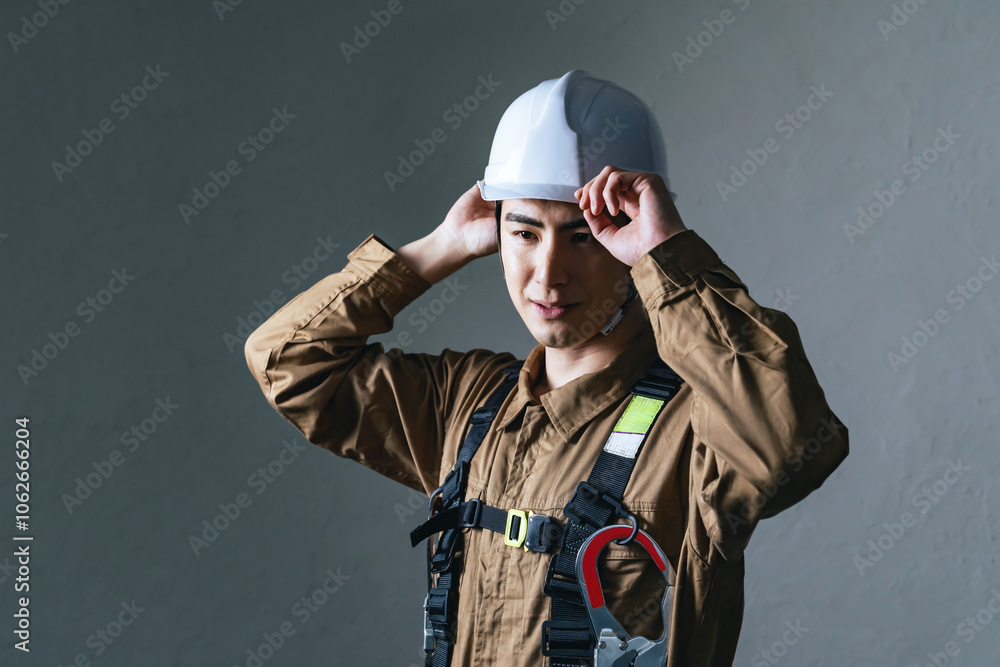 Fototapete 作業員、男性、ヘルメット、安全、出動、防災、消防、レスキュー隊、救急、救助、災害、危険、暗い、ダーク、フルハーネス、高所作業、ランヤード、山岳、遭難、捜索、救援、消防士、エンジニア、技術者、工事、現場、建設、建築、仕事、働く、転職、人材、クール、かっこいい、準備、訓練、職人、ハイパーレスキュー、技師、プロ、コピースペース、ポートレート、日本人、職業、作業服、修理、インフラ、点検、メンテナンス、人物
