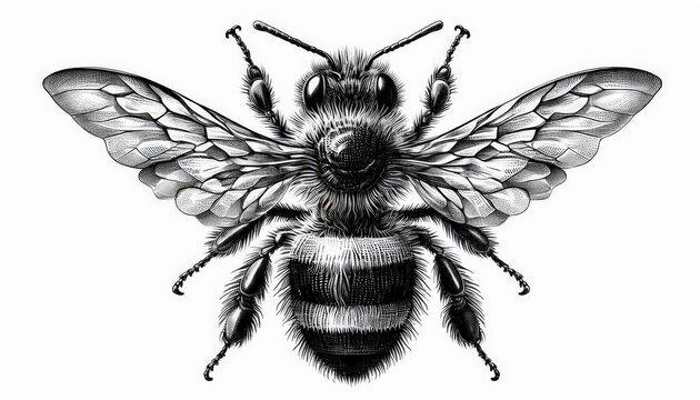 a bee full body, sketch engraving illustration. Scratch board imitation. Black and white image.