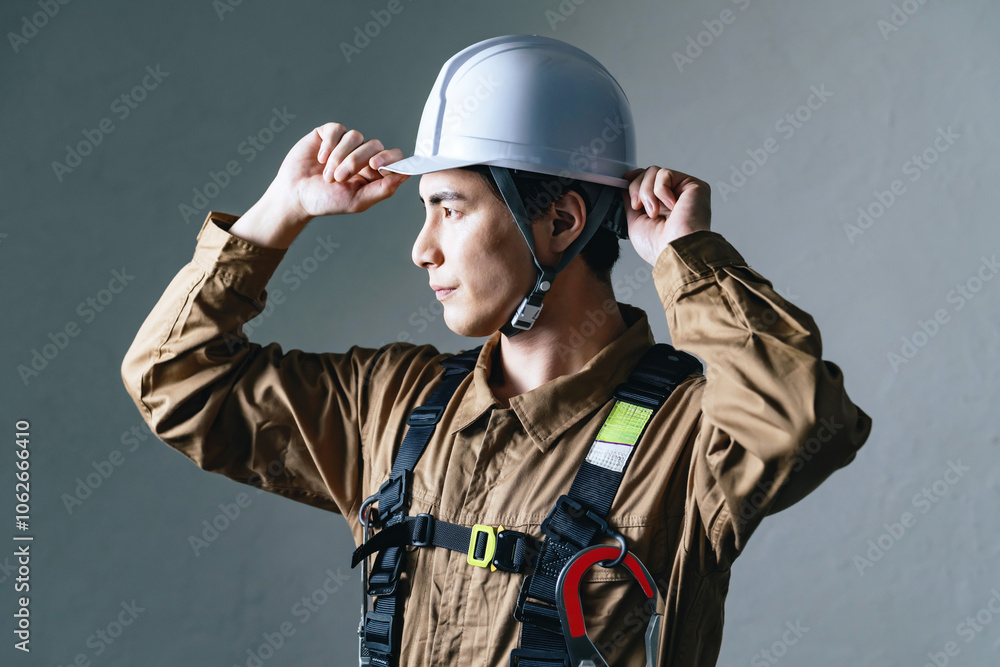 Fototapete 作業員、男性、ヘルメット、安全、出動、防災、消防、レスキュー隊、救急、救助、災害、危険、暗い、ダーク、フルハーネス、高所作業、ランヤード、山岳、遭難、捜索、救援、消防士、エンジニア、技術者、工事、現場、建設、建築、仕事、働く、転職、人材、クール、かっこいい、準備、訓練、職人、ハイパーレスキュー、技師、プロ、大工、コピースペース、日本人、職業、作業服、修理、インフラ、点検、メンテナンス、人物