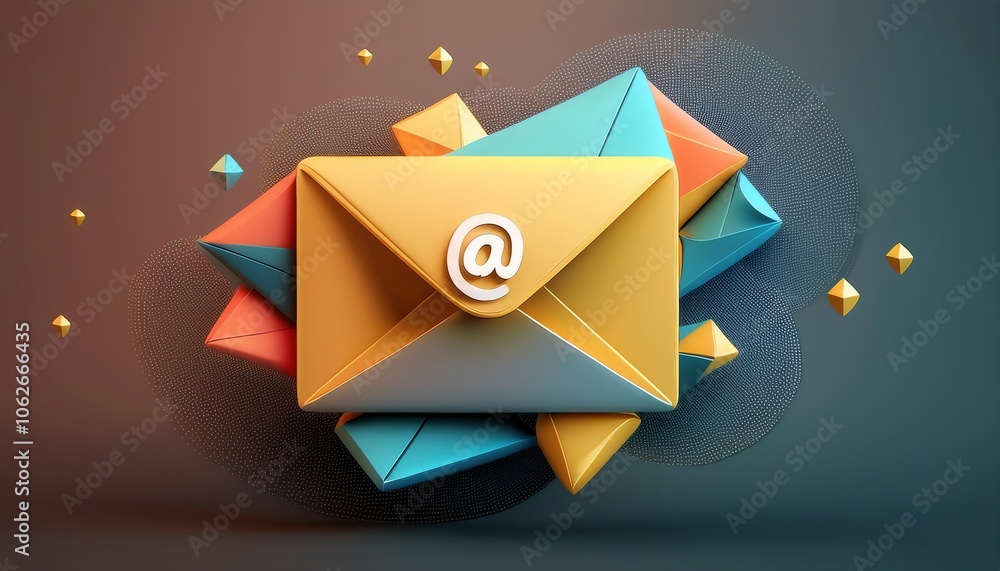 Poster a colorful 3d illustration of an envelope with an '@' symbol, surrounded by geometric shapes represe