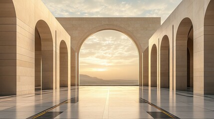 Smooth marble building with arched entrances, sky