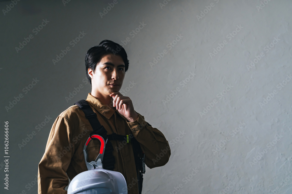 Fototapete 作業員、男性、日本人、安全、考える、疑問、救急、消防、レスキュー隊、転職、ダーク、暗い、闇、仕事、危険、不安、心配、経験、訓練、ハイパーレスキュー、職人、大工、作業服、フルハーネス、高所作業、ヘルメット、防災、救助、救援、消防士、プロ、技術者、エンジニア、技師、佐官、鳶、建設、建築、工事、修理、業者、現場、悩む、トラブル、問題、困る、若い、クール、かっこいい、人物