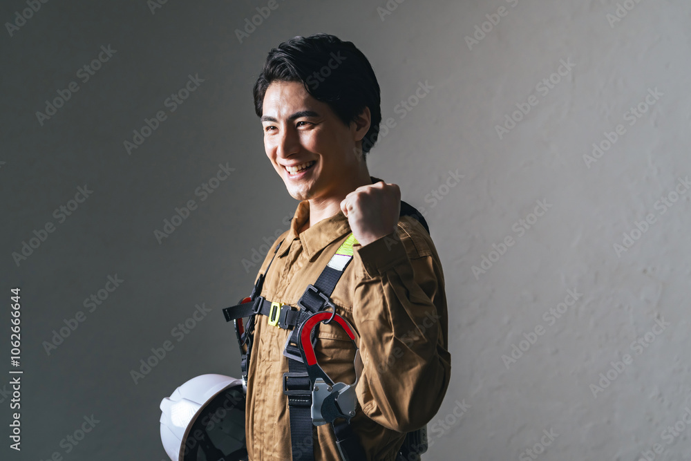 Fototapete 作業員、工事、フルハーネス、男性、日本人、建設、現場、仕事、ガッツポーズ、元気、やる気、応援、チャレンジ、挑戦、目標、充実、満足、やりがい、モチベーション、ポジティブ、がんばる、努力、転職、人材、危険、安全、ヘルメット、働く、イケメン、クール、かっこいい、スポットライト、コピースペース、若い、作業服、大工、職人、佐官、鳶、修理、救急、レスキュー隊、防災、救助、消防、災害、訓練、山岳、ハイパーレスキ