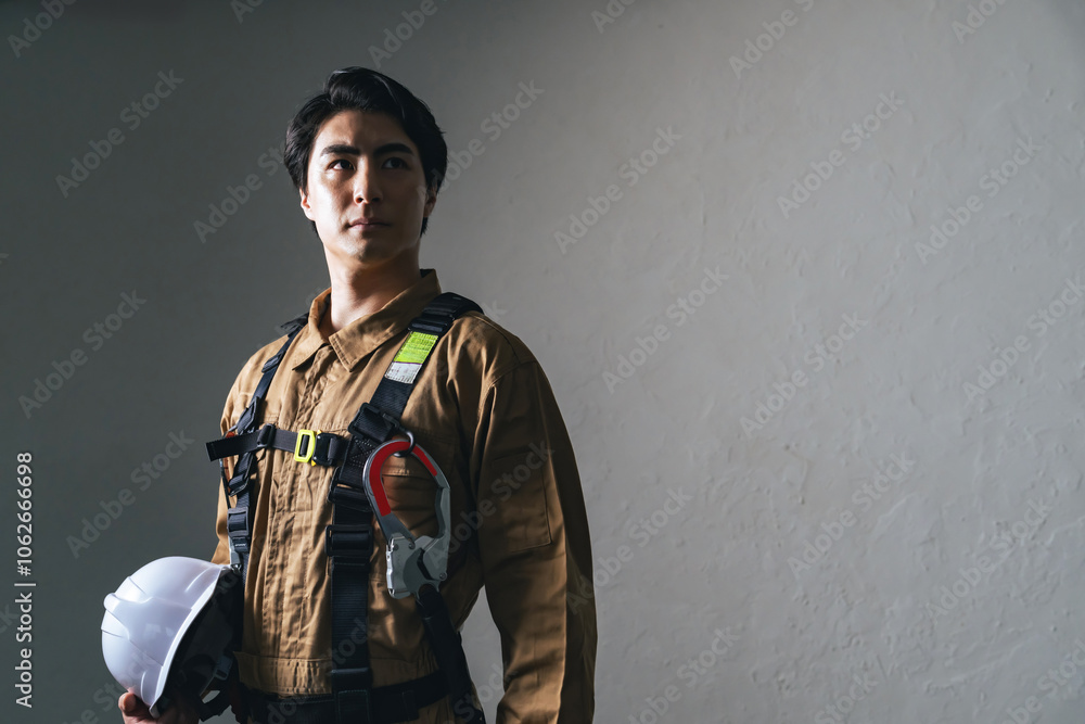 Poster 作業員、工事、フルハーネス、男性、日本人、建設、現場、仕事、チャレンジ、挑戦、目標、モチベーション、ポジティブ、努力、転職、人材、危険、安全、ヘルメット、働く、イケメン、クール、かっこいい、スポットライト、コピースペース、若い、作業服、大工、職人、佐官、鳶、修理、救急、レスキュー隊、防災、救助、消防、災害、山岳、ハイパーレスキュー、見上げる、希望、特別救助隊、消防士、プロ、成長、技術者、エンジニア