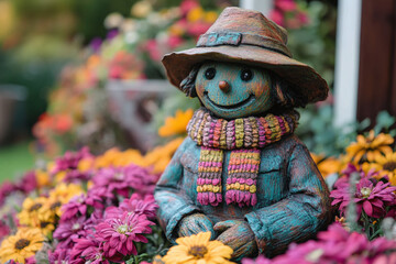 a scarecrow decoration in a garden surrounded by colorful mums.
