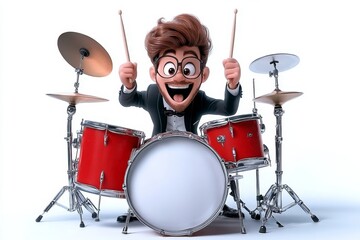 Fototapeta premium a 2D cartoon illustration of a jazz drummer with a band swinging and fun white background