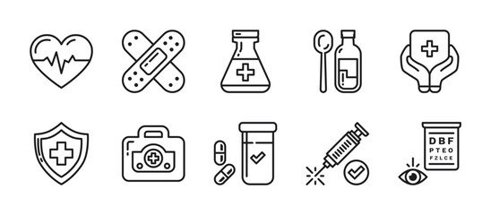 Medical icon pack in outline style featuring healthcare symbols such as cross, stethoscope, pill, syringe, and more. Ideal for medical apps, websites, and health-related content.