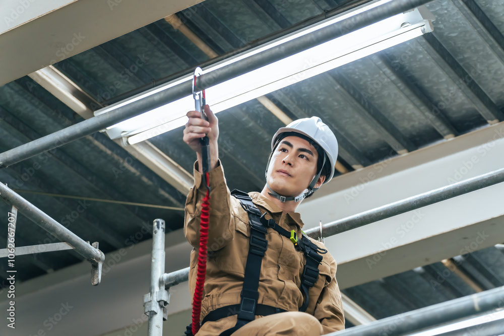 Leinwandbilder フルハーネス、ランヤード、フック、作業員、建設、工事、現場、安全、男性、日本人、足場、高所作業、点検、メンテナンス、修理、エンジニア、工事現場、登る、ローリングタワー、塗装、内装、建築、住宅、検査、技術者、仕事、職業、危険、リスク、特別教育、着用義務、墜落制止用器具、作業服、解体、ヘルメット、人材、労働者、作業、安全帯、働く、産業、建物、リフォーム、職人、修繕、電気、転落、作業床、屋根、人物