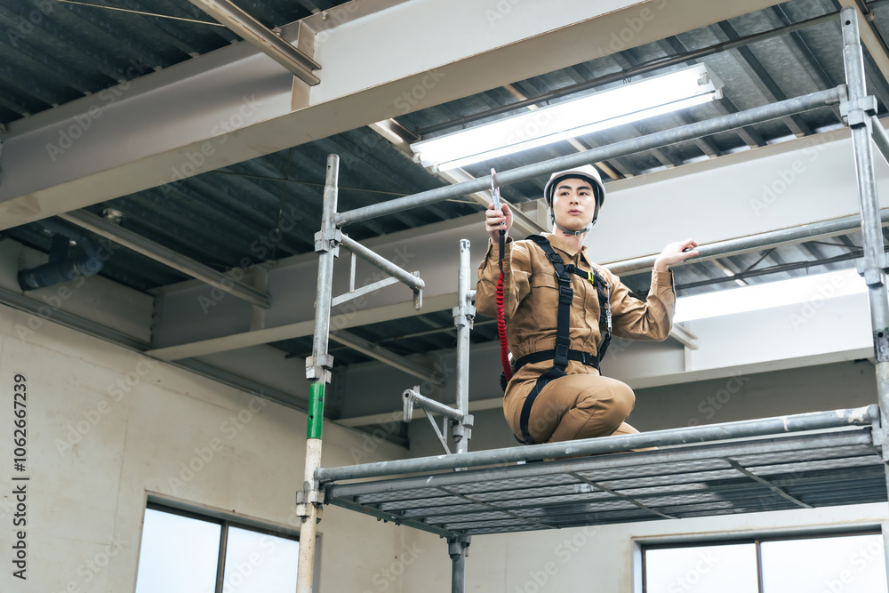 Aufkleber 工事現場、足場、高所作業、作業員、建設、工事、現場、登る、ローリングタワー、塗装、内装、建築、住宅、点検、メンテナンス、検査、エンジニア、安全、技術者、仕事、職業、危険、リスク、フルハーネス、特別教育、着用義務、墜落制止用器具、作業服、解体、ヘルメット、人材、労働者、作業、訓練、安全帯、男性、日本人、働く、産業、建物、修理、リフォーム、職人、修繕、電気、事故防止、転落、作業床、労災、人物