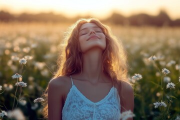 Naklejka premium Joyful Woman Embracing Sunlight in a Field of Daisies, freedom, and serenity, capturing the essence of self-healing, positivity, and harmony with nature's peaceful beauty.