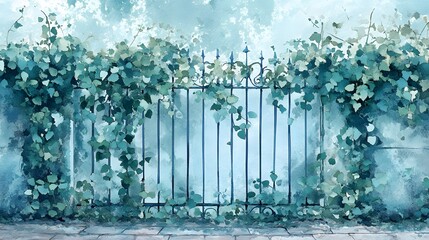 Obraz premium Watercolor Artistic using soft, brushy watercolor strokes, Soft Color, Single object picture - a metal garden fence adorned with ivy