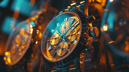 Close-up view of a luxurious chronograph watch displayed under warm lighting showcasing craftsmanship and detail at a watch exhibition