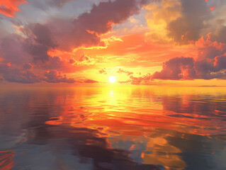 Fototapeta premium A peaceful sunset reflected on calm waters, creating a serene and idyllic scene.