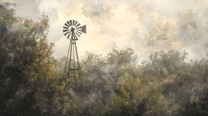 Watercolor Artistic using soft, brushy watercolor strokes, Soft Color, Single object picture - a small decorative windmill spinning gently in the breeze