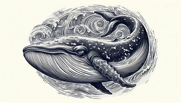 a whale, sketch engraving illustration. Scratch board imitation. Black and white image.