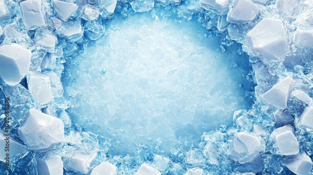 Poster top view of circular ice chunks with cracks, blank space for text around edges