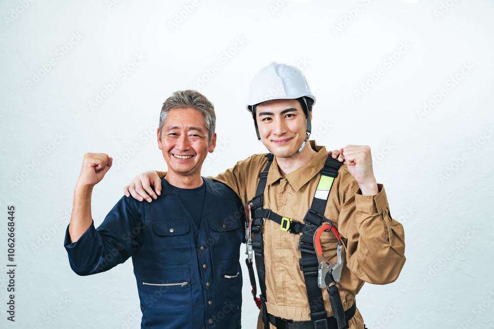 Poster 職人、作業員、大工、ガッツポーズ、チームワーク、建設、工事、仕事、挑戦、チャレンジ、住宅、建築、佐官、鳶職、親方、棟梁、世代交代、若い、シニア、ベテラン、師匠、師弟、フルハーネス、安全、やりがい、目標、人材、工務店、業者、紹介、契約、外注、役割分担、働く、やる気、元気、笑顔、男性、日本人、現場、監督、ヘルメット、仲間、団結、チーム、連携、サポート、白バック、切り抜き、人物