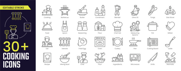 Cooking Stroke icon collections. Containing Barbecue, Olive Oil, Gas Stove, Cutlery, Oven, Pan, Cutting Board, Food, Marinate, and Recipe icons. Editable Stroke icon collection Outline icon