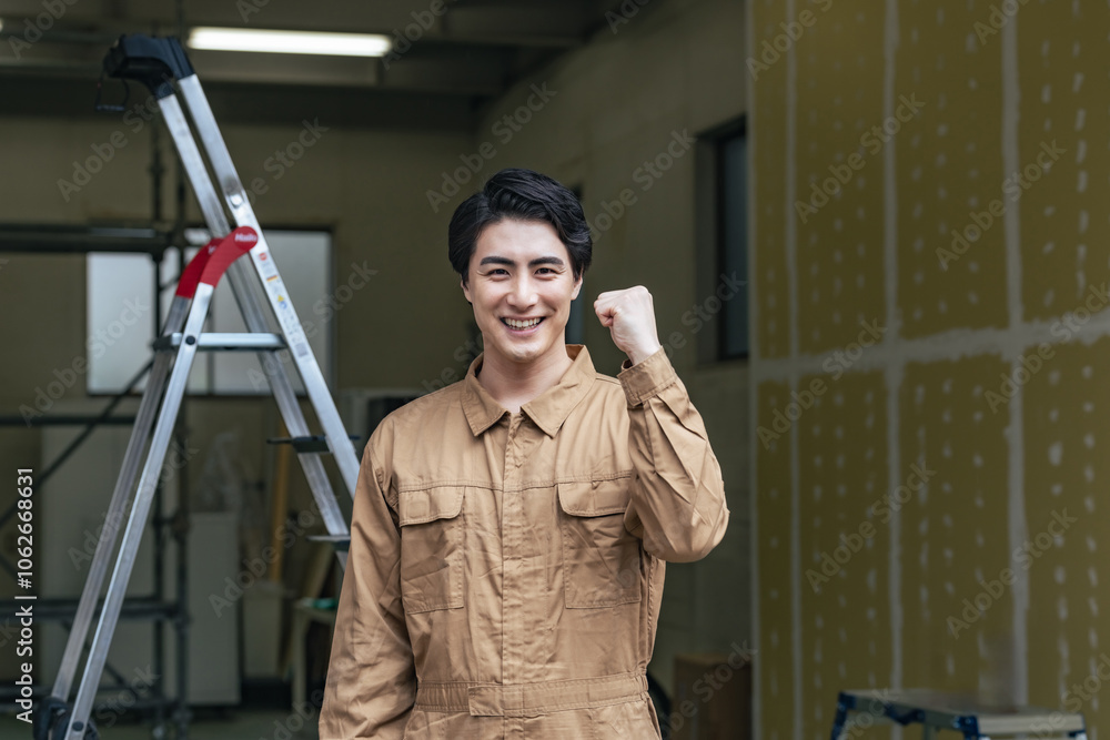 Poster 作業員、ガッツポーズ、笑顔、元気、やる気、ポジティブ、工事、現場、建設、内装、男性、日本人、修理、業者、大工、職人、塗装、カメラ目線、モチベーション、仕事、職業、アルバイト、転職、働く、建築、作業服、気合い、自信、サービス、サポート、派遣、訪問、スキマバイト、スポットワーク、人材、パワー、パワフル、体力、脚立、充実、満足、やりがい、がんばる、努力、挑戦、チャレンジ、目標、応援、成長、人物