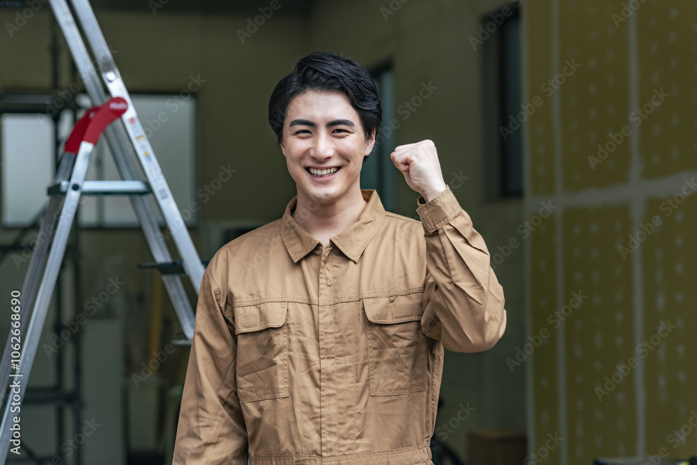 Poster 作業員、ガッツポーズ、笑顔、元気、やる気、ポジティブ、工事、現場、建設、内装、男性、日本人、修理、業者、大工、職人、塗装、カメラ目線、モチベーション、仕事、職業、アルバイト、転職、働く、建築、作業服、気合い、自信、サービス、サポート、派遣、訪問、スキマバイト、スポットワーク、人材、パワー、パワフル、体力、脚立、充実、満足、やりがい、がんばる、努力、挑戦、チャレンジ、目標、応援、成長、人物