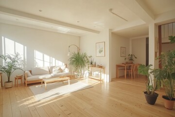 A clean, minimalist Scandinavian-style living room with light wooden floors, white walls, and simple, cozy furniture.