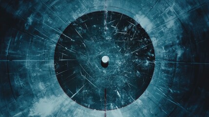 Top view of ice rink face-off circle, puck in center with clear copy area