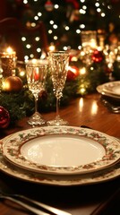 Fototapeta premium A festive Christmas dinner table setting featuring a beautifully arranged blank plate surrounded by elegant decorations, twinkling lights, and seasonal touches that evoke a warm holiday spirit. 